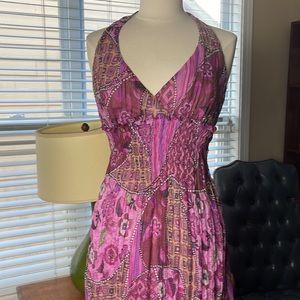 Bisou Bisou Halter Style Pink Patterned Midi Dress